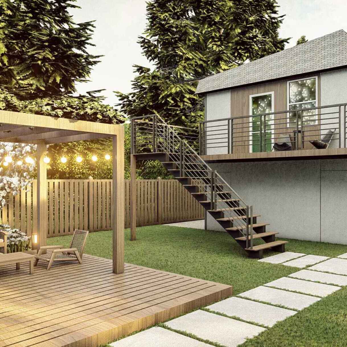 A stylish backyard featuring an elevated wooden deck with a pergola adorned with hanging lights, a metal staircase leading to a second-story entrance, surrounded by tall conifer trees and a neatly trimmed lawn with square stone stepping pads.